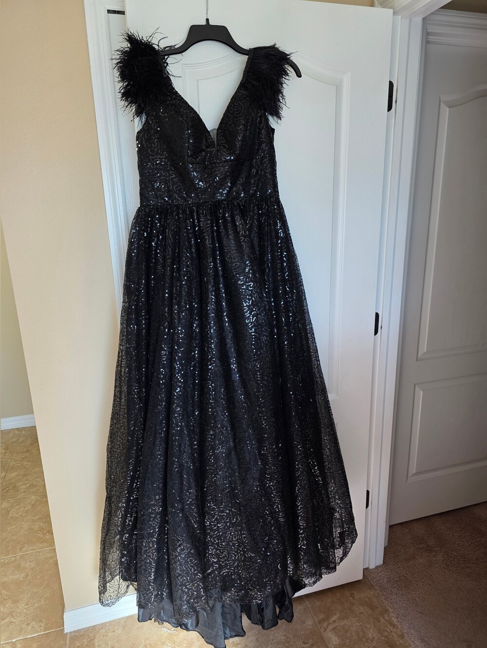 Black Sequin Feather Formal Evening Gown